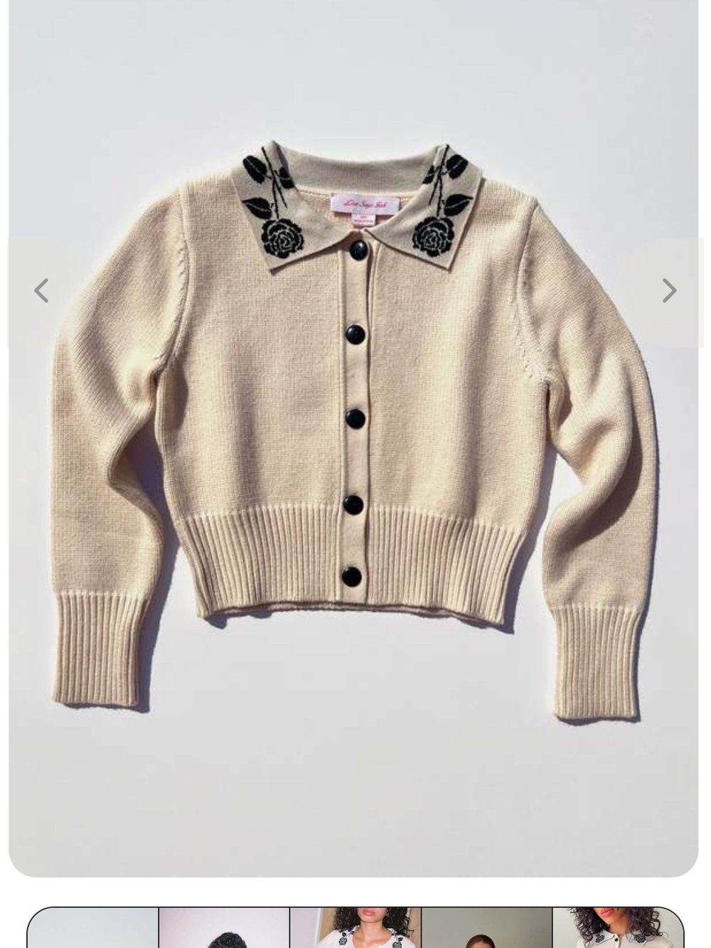 Lisa Says Gah Cream Battenberg Cardigan with Black Embroidered Floral Collar